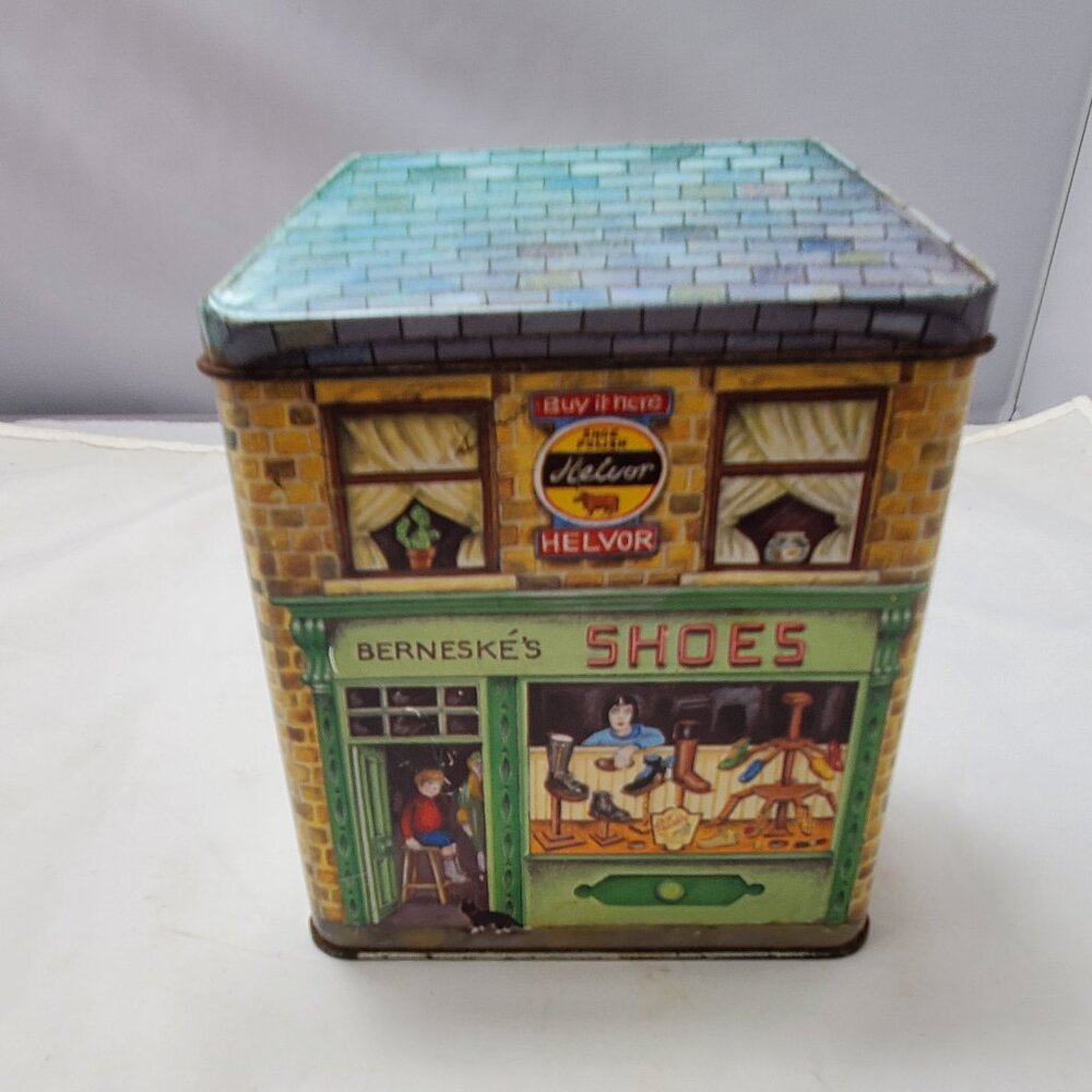 Silver Crane store tin, shoe shop, Carolyn Holden designer, hinged, 4 scenes